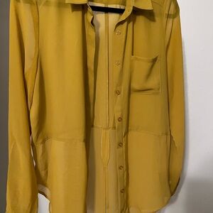 Lush sheer yellow long button up blouse in size Medium